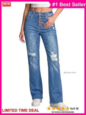 High Waisted Bell Bottom Flare Jeans Ripped Stretch Denim
